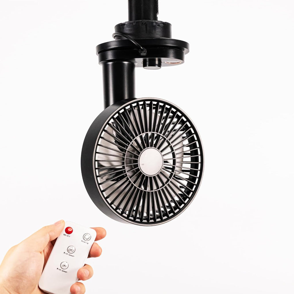 Black H-type track fan with remote control. Warehouse ventilation, adjustable airflow, and oscillating function.