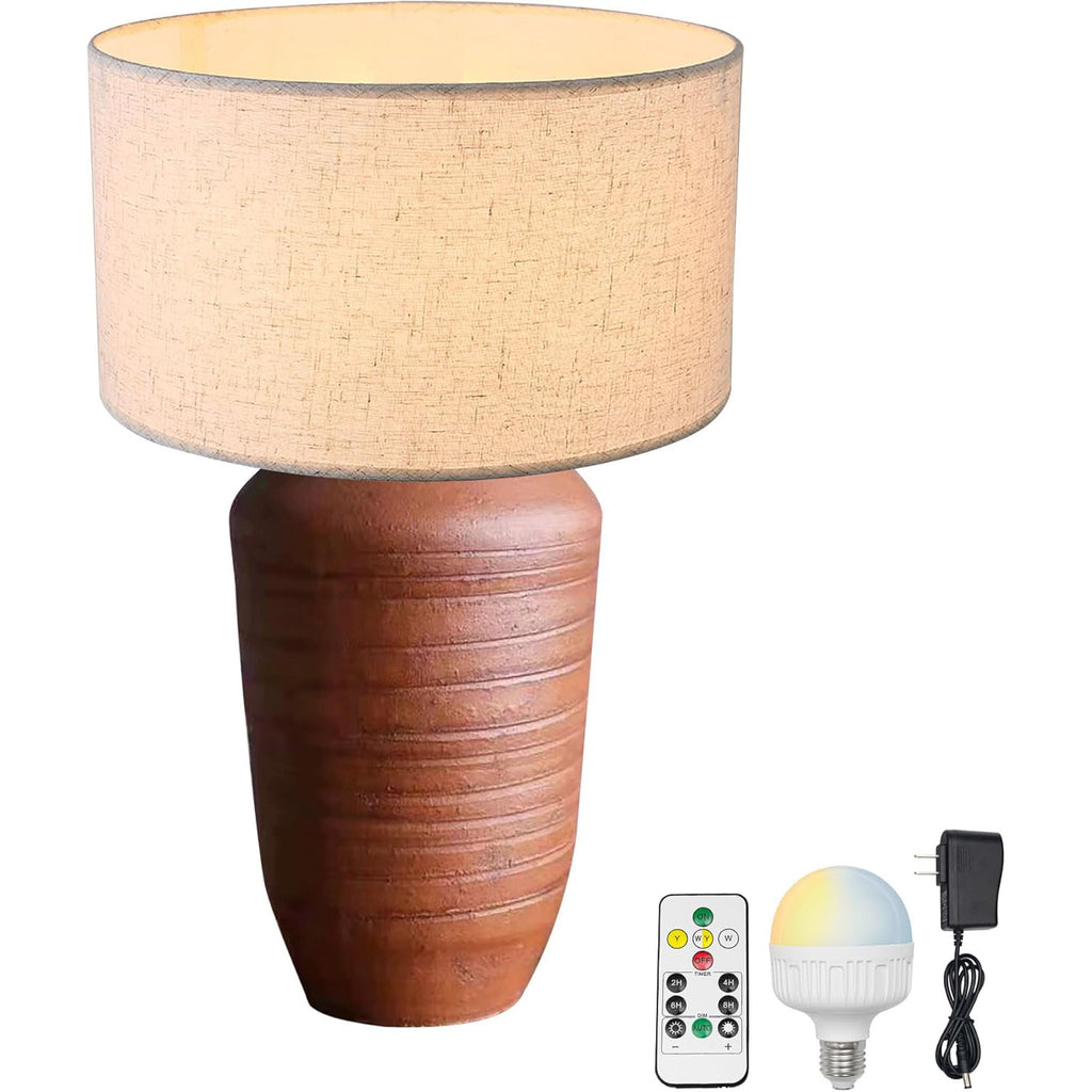 Rustic Terracotta Ceramic Pot Table Lamp Rechargeable Battery Operated RGB Bulb, Remote, Wireless Timer 15 Color Temperature Beige Dome Fabric Shade Farmhouse Bedside Lamps, Terra Cotta