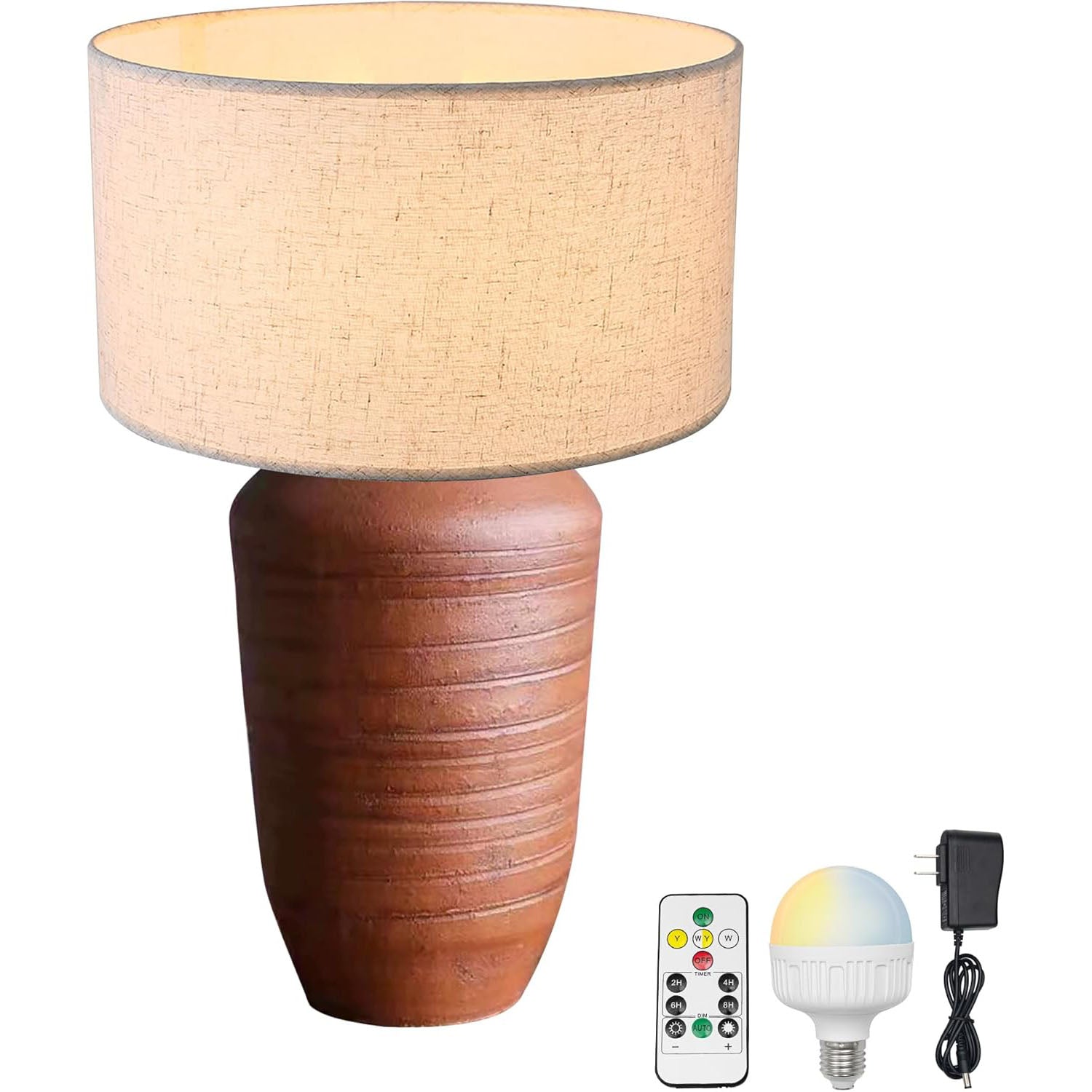 Rustic Terracotta Ceramic Pot Table Lamp Rechargeable Battery Operated RGB Bulb, Remote, Wireless Timer 15 Color Temperature Beige Dome Fabric Shade Farmhouse Bedside Lamps, Terra Cotta