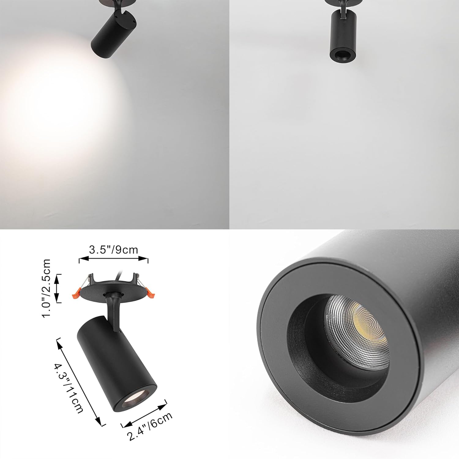 Black recessed LED ceiling spotlight, adjustable mini light with dimensions and light beam, perfect for art picture lighting