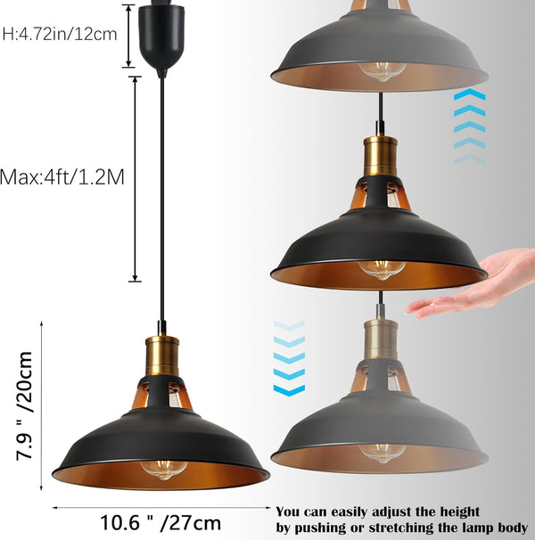Gold macaron style track pendant light, adjustable height, black exterior, 4ft cord. Easy height adjustment.