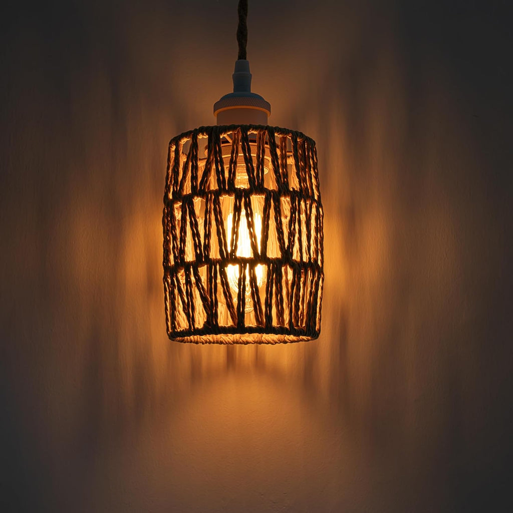 H Type Track Lighting Pendants Twine Natural Rattan Shade Modern Vintage Style, Dimmable E26 Socket Track Mount Pendant Lights Decorate for Kitchen Island Customizable 3.2ft