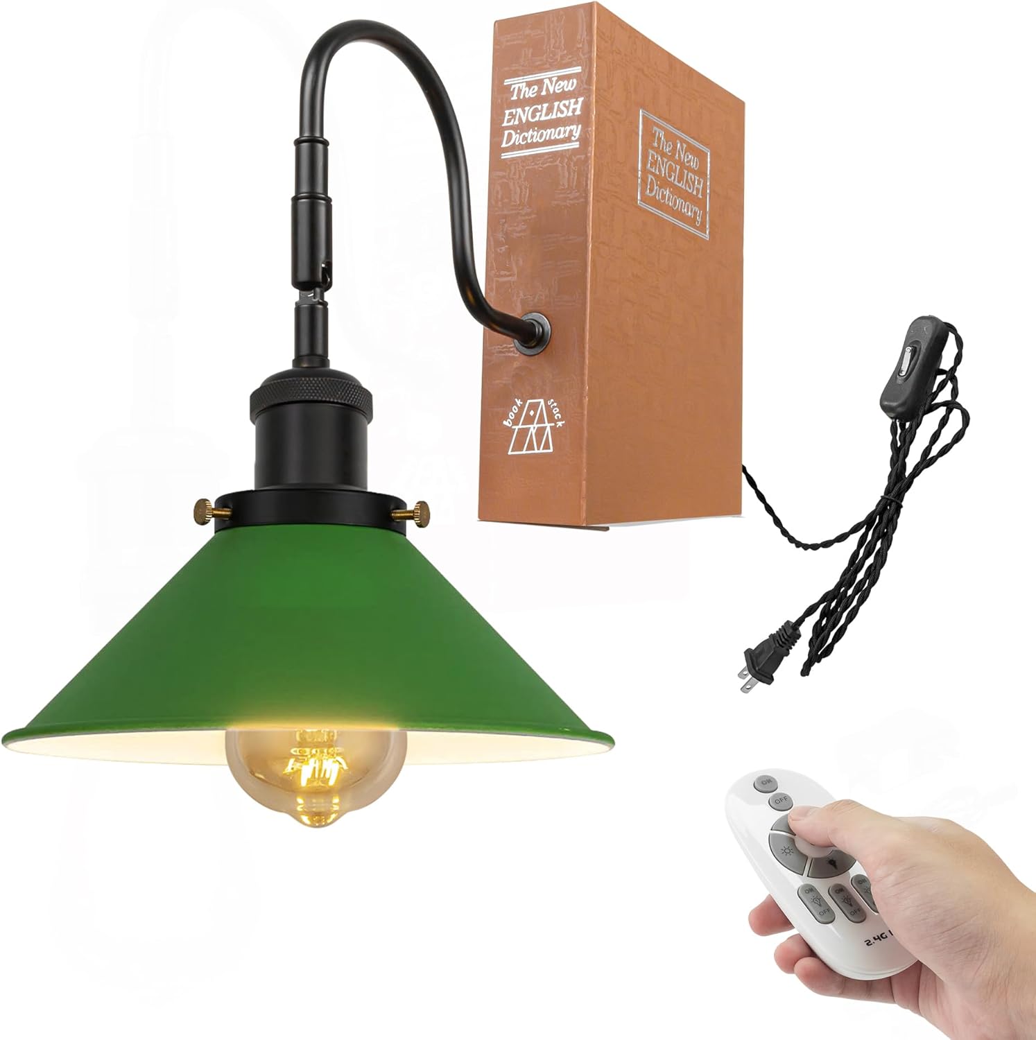 Kiven 1-Light Vintage Bookshelf Table Lamp with Remote Control, Farmhouse Decorative Bookend, Plug in Book Lamp for Office Home Decor Bedside Bookcase, Black