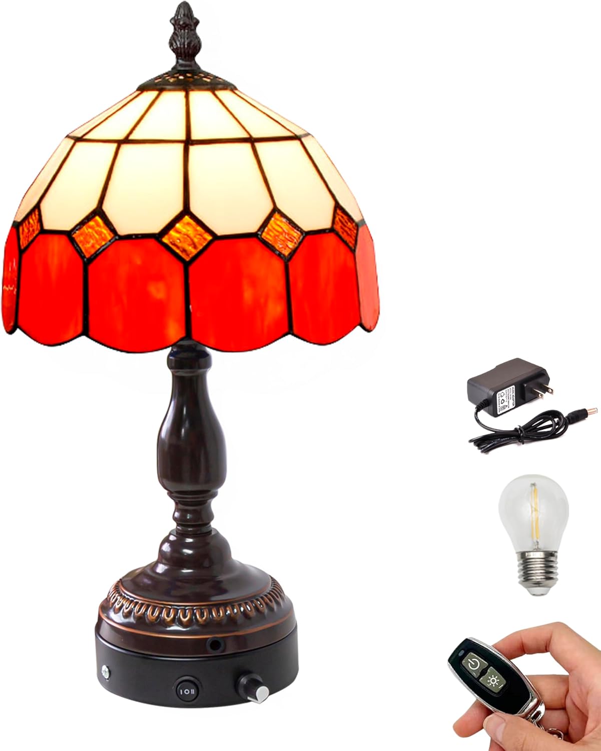 Kiven Cordless Table Lamp, Dimmable Bedside Lamps for Nightstand with Glass Lampshade, Tiffany-Style Rechargeable Desk Lamp for Reading Home Decor Bedside,1-Light