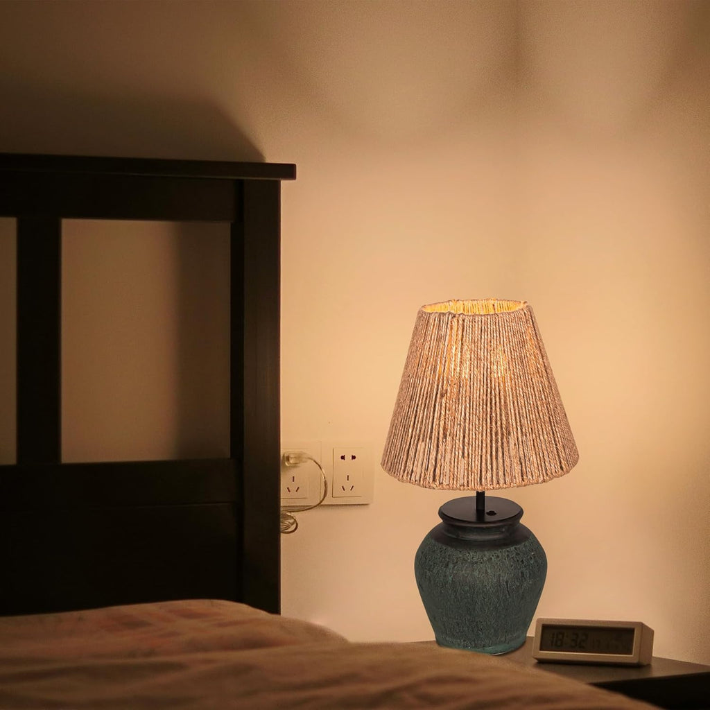 Kiven Cordless Table Lamp, Dimmable LED Vase Lamp with Brown Hemp Rope Lampshade, Green Undertones Ceramic Pot, 1-Light Rechargeable Nightstand Lamp for Office Reading Home Decor Bedside