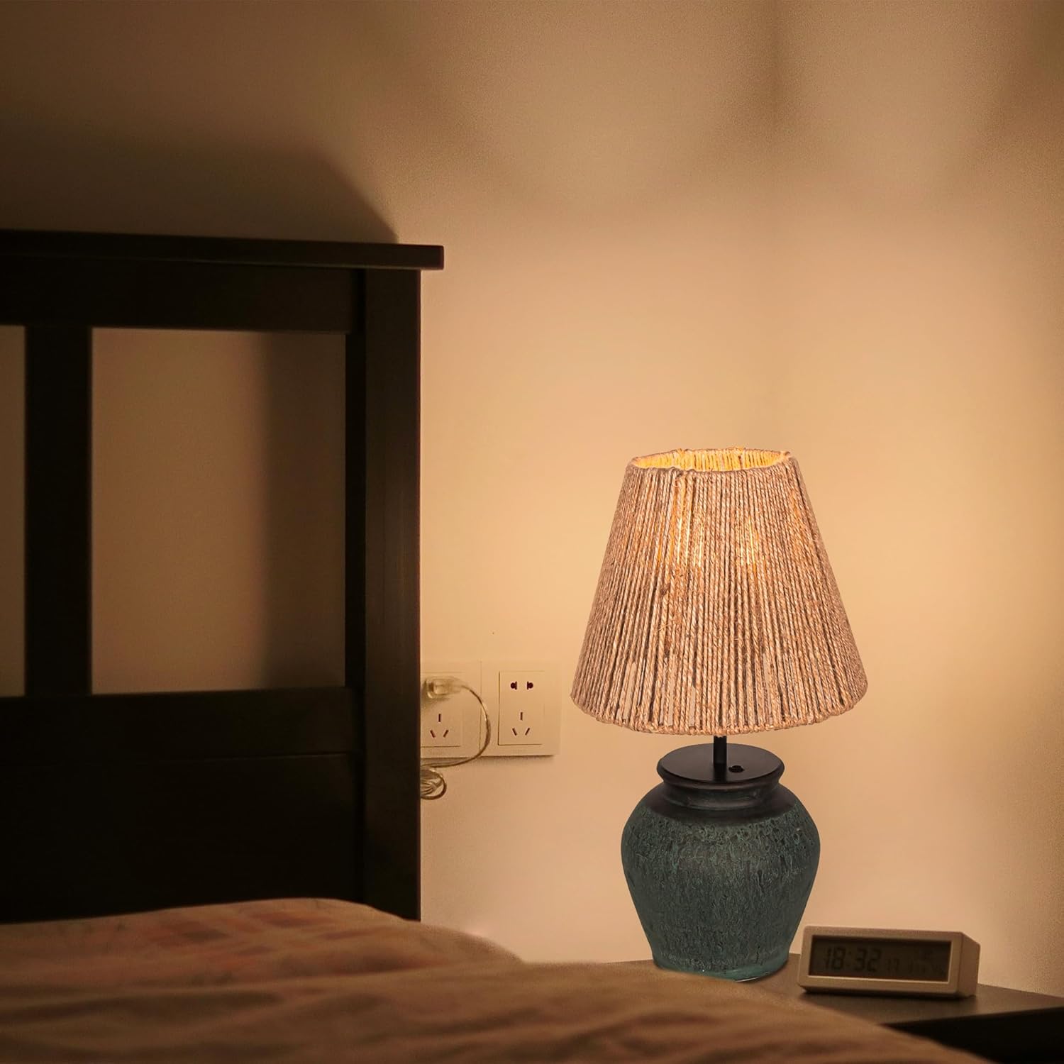 Kiven Cordless Table Lamp, Dimmable LED Vase Lamp with Brown Hemp Rope Lampshade, Green Undertones Ceramic Pot, 1-Light Rechargeable Nightstand Lamp for Office Reading Home Decor Bedside