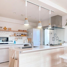 Load image into Gallery viewer, Adjusted Cable Track Lamp Wood Base Metal White Shade Modern Kitchen Pendant Lighting