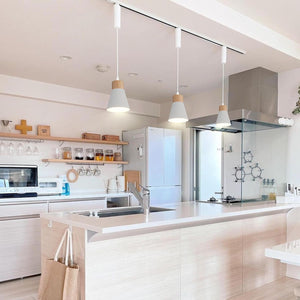 Adjusted Cable Track Lamp Wood Base Metal White Shade Modern Kitchen Pendant Lighting