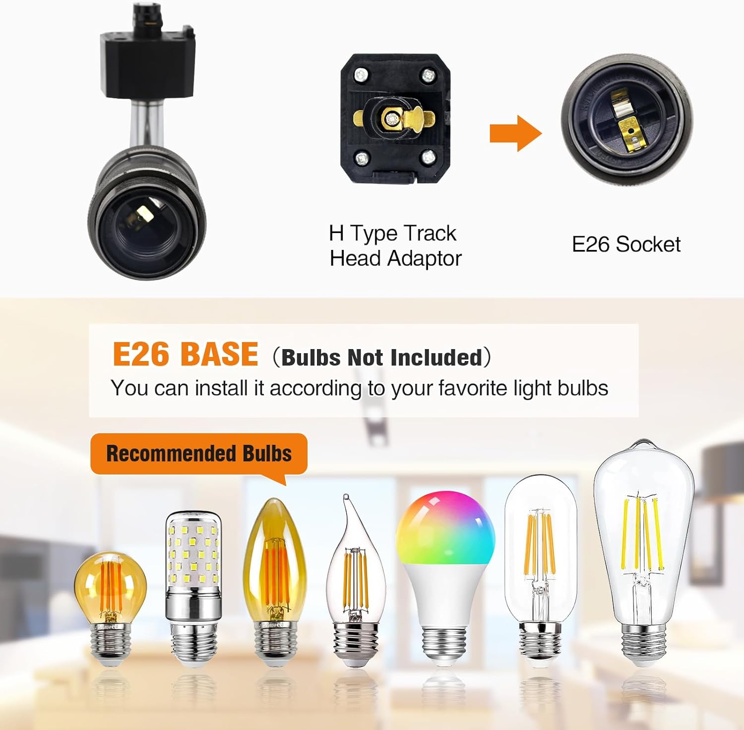 Kiven E26 Track Light Head Adaptor and Compatible Bulbs - Retro Vintage Style Lighting Options