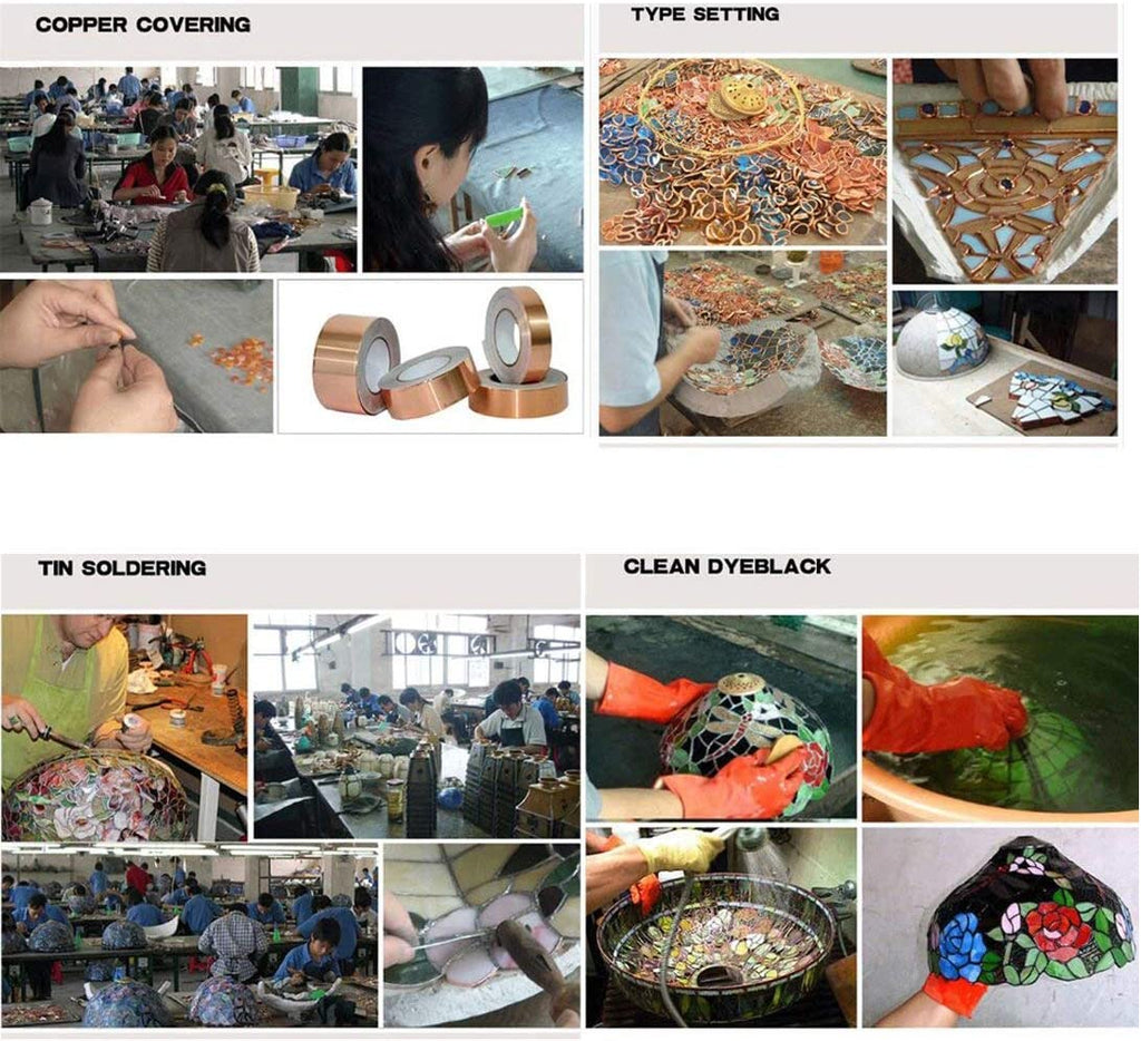 Tiffany-style lamp manufacturing: copper foil application, glass arrangement, soldering, and cleaning process.