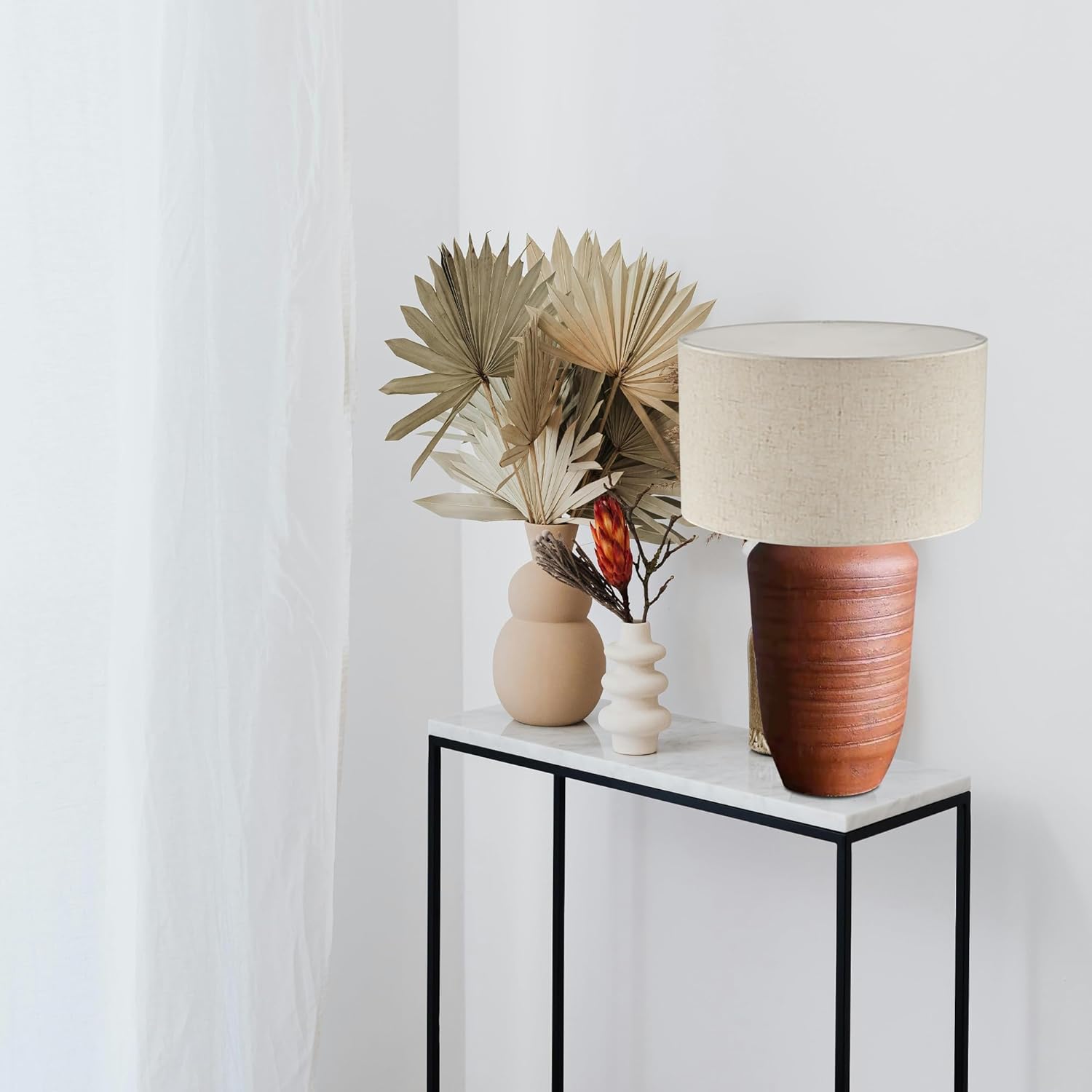 Rustic Terracotta Ceramic Pot Table Lamp Rechargeable Battery Operated RGB Bulb, Remote, Wireless Timer 15 Color Temperature Beige Dome Fabric Shade Farmhouse Bedside Lamps, Terra Cotta
