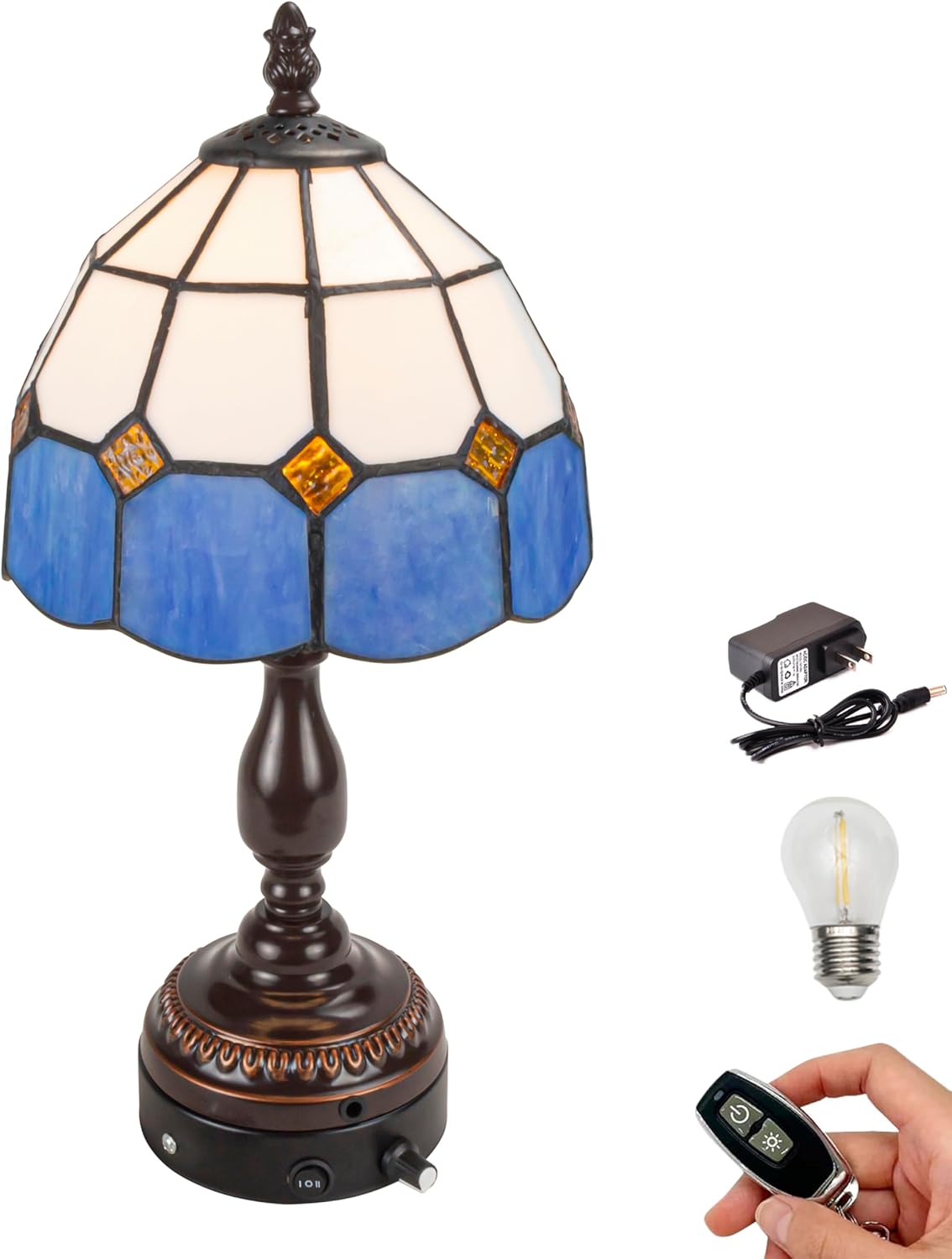 Kiven Cordless Table Lamp, Dimmable Bedside Lamps for Nightstand with Glass Lampshade, Tiffany-Style Rechargeable Desk Lamp for Reading Home Decor Bedside,1-Light