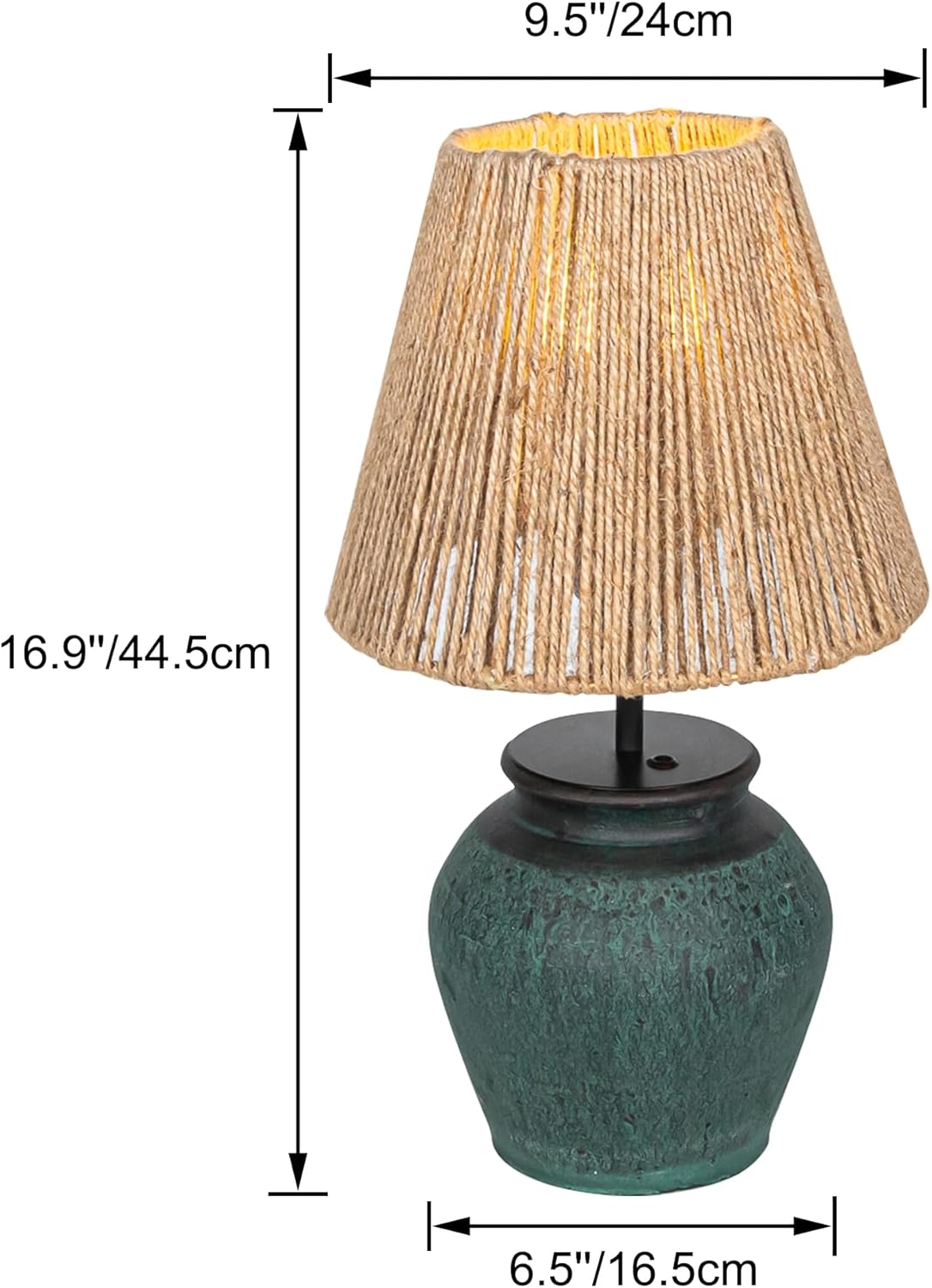 Kiven Cordless Table Lamp, Dimmable LED Vase Lamp with Brown Hemp Rope Lampshade, Green Undertones Ceramic Pot, 1-Light Rechargeable Nightstand Lamp for Office Reading Home Decor Bedside