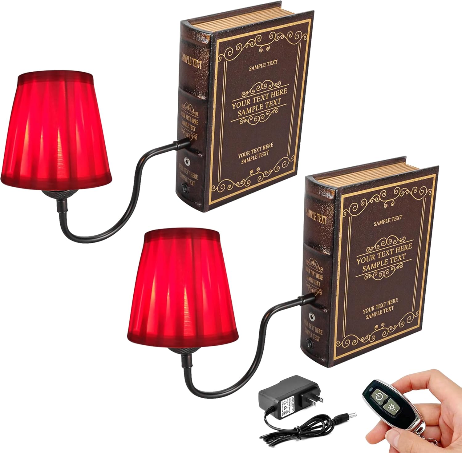Kiven Cordless Bookshelf Lamp, Set of 2 Rechargeable Bookcase Lighting with Pink Fabric Lampshade, Farmhouse Decorative Bookend, Cordless Table Lamp for Bedside Bookshelf Home Decor