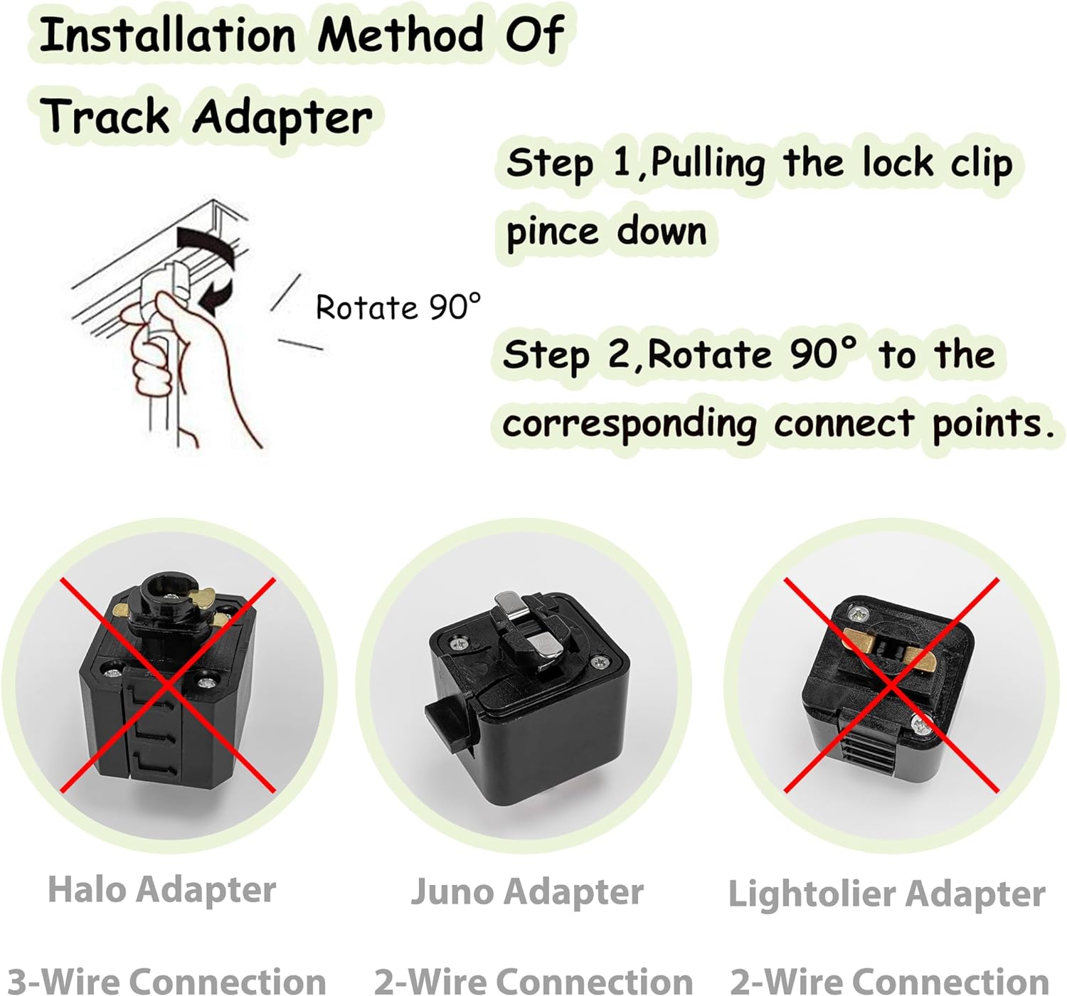 Easy track adapter installation guide, featuring a black adapter for H/J/L-type track lighting, quick power connection.