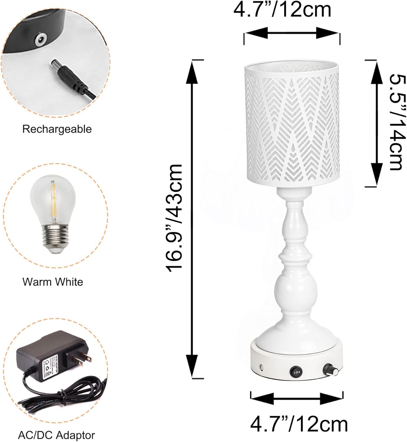 Kiven Cordless Table Lamp,Dimmable Rustic Farmhouse Bedside Desk Lamps with Metal Lampshade,2700K Warm White, Rechargeable Nightstand Lamp for Office Home Decor Bedside DZ0479