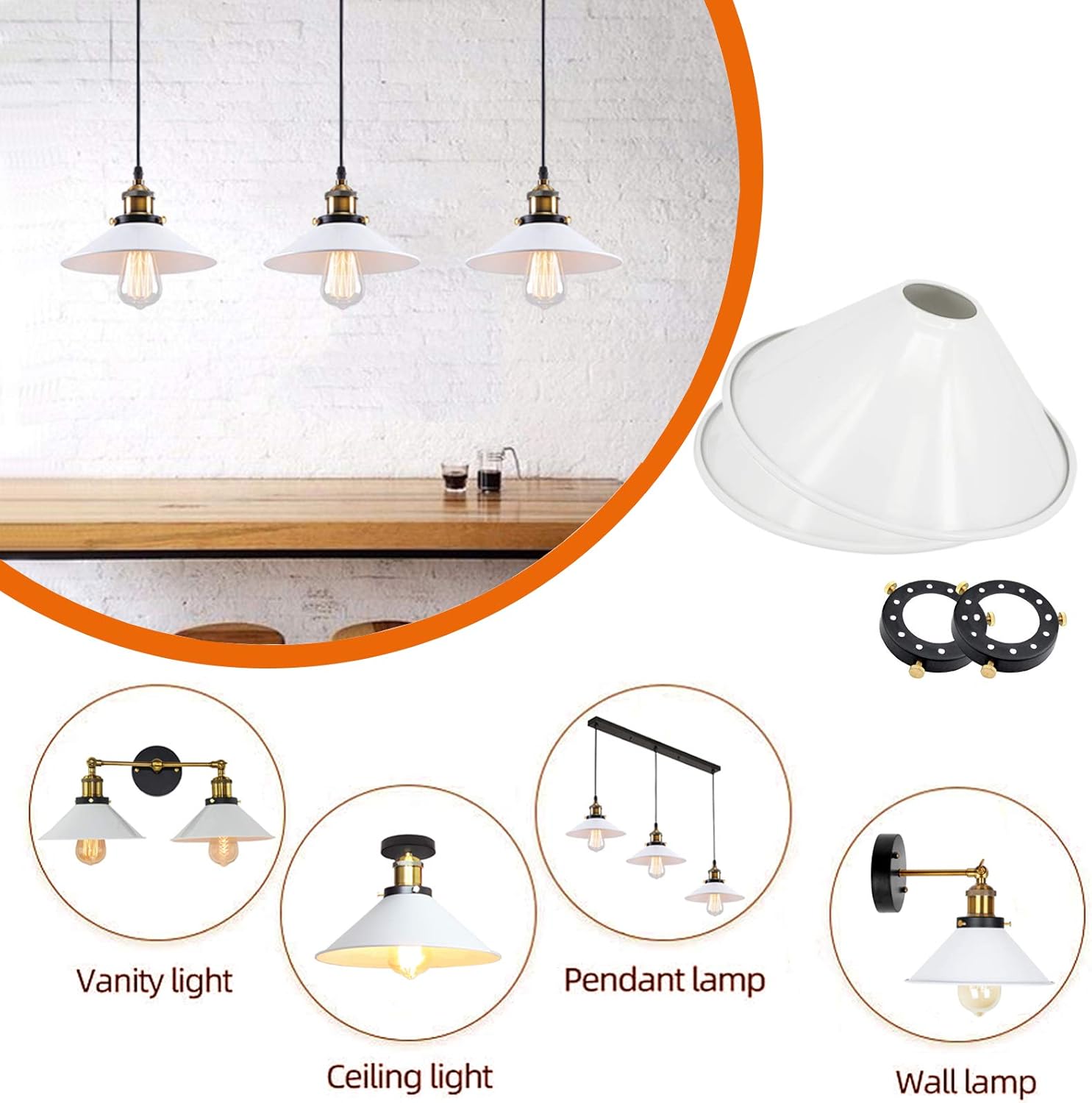 Kiven 8.66" Lamp Shade for Pendant Light, Lamp Holder,Wall Lamp, White Industrial Vintage Style Light Shade for Pendant Lights, Pack of 4