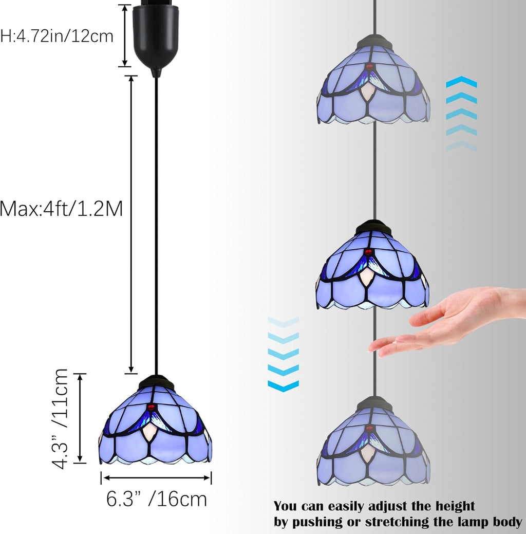 6 inches Adjustable Cord Length Halo Track Lighting Pendants, 4 Ft Cord, H-Type Track Blue Tiffany Stained Art Glass, E26 Socket Track Mount for Kitchen Island Sloped Vaulted Ceiling 3-Lights