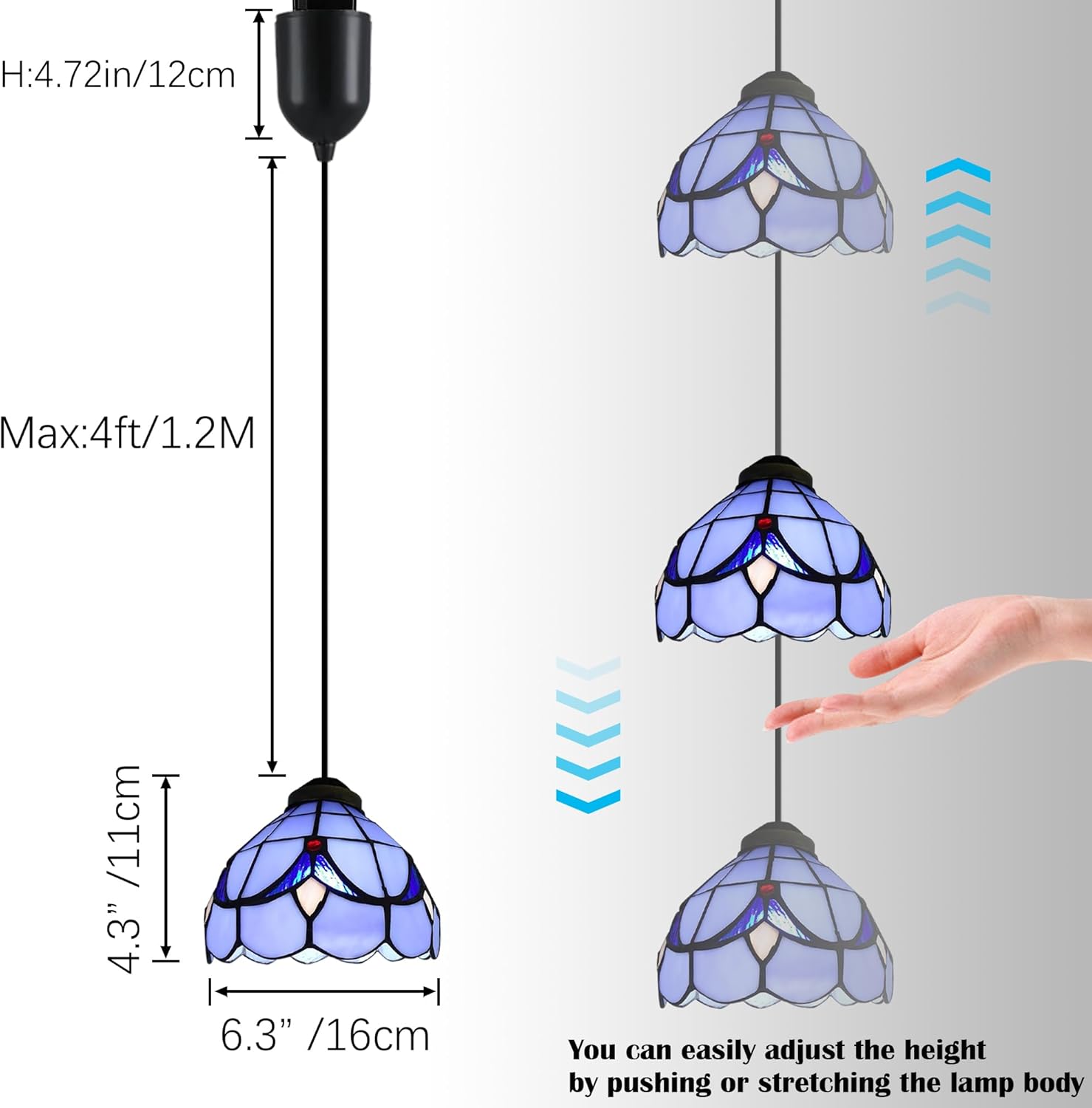 6 inches Adjustable Cord Length Halo Track Lighting Pendants, 4 Ft Cord, H-Type Track Blue Tiffany Stained Art Glass, E26 Socket Track Mount for Kitchen Island Sloped Vaulted Ceiling 3-Lights