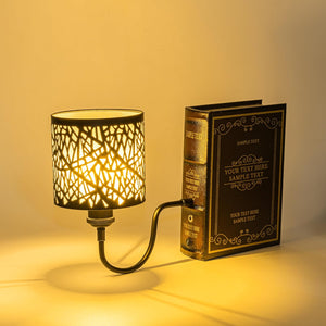 Kiven Cordless Bookshelf Lamp with iron lampshade and book-shaped base. Farmhouse bedside lighting, SAMPLE TEXT.