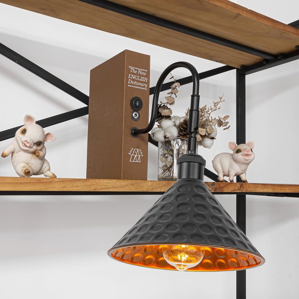 Kiven Cordless Bookshelf Lamp, 1-Light Rechargeable Bookcase Lighting with Iron Lampshade, Farmhouse Decorative Bookend, Cordless Table Lamp for Bedside Cabinet Bookshelf Home Decor,Black