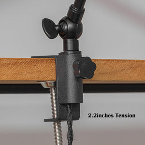 Kiven clip-on desk lamp clamp detail, black metal securing to wood. Includes adjustable arm mount and 2.2 inches tension.