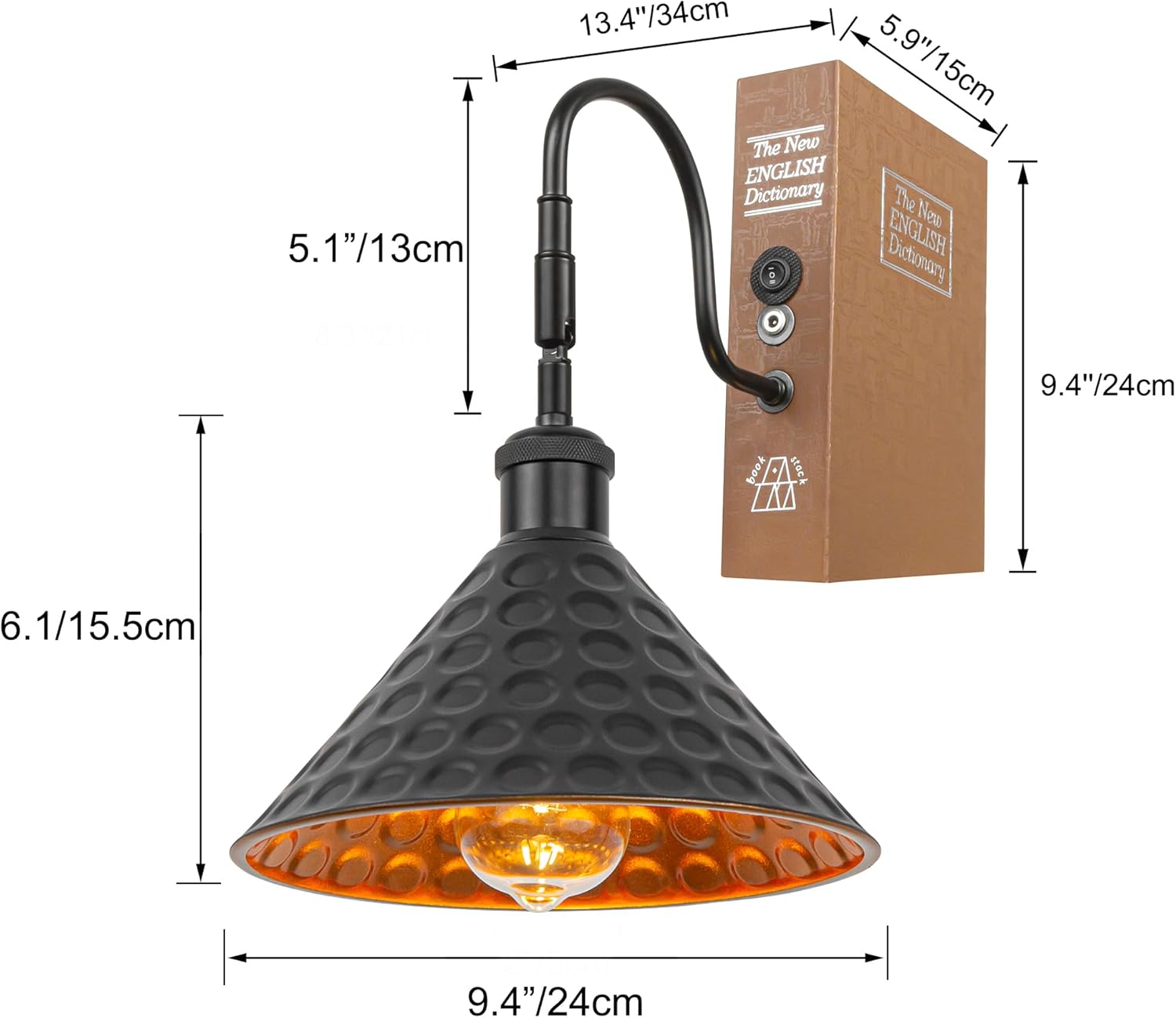 Kiven Cordless Bookshelf Lamp, 1-Light Rechargeable Bookcase Lighting with Iron Lampshade, Farmhouse Decorative Bookend, Cordless Table Lamp for Bedside Cabinet Bookshelf Home Decor,Black