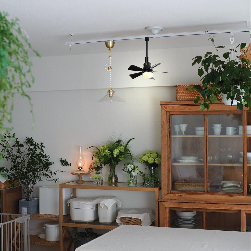 Modern Track Ceiling Fan with Light, Remote Control Dimmable, H Type, Black/White, for Kitchen & Living Spaces