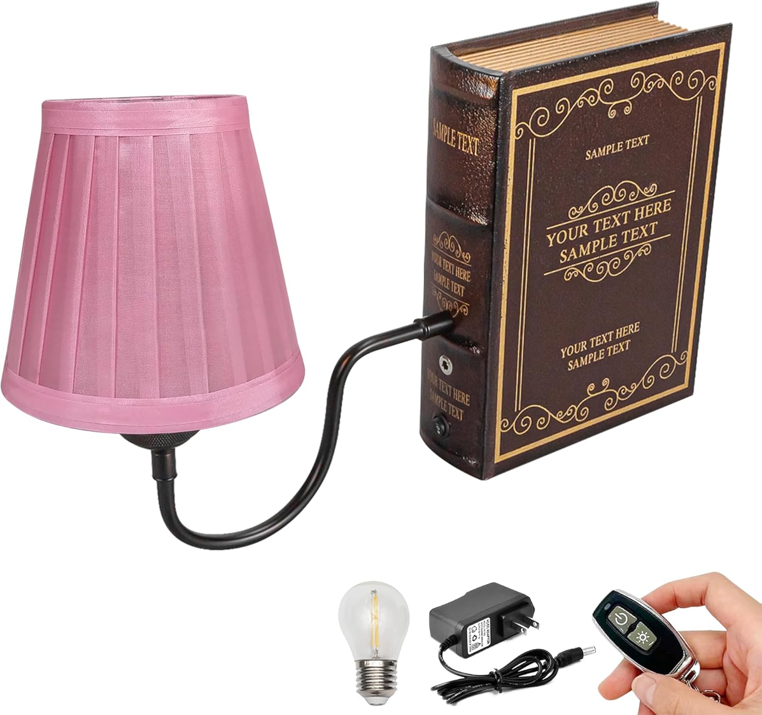 Kiven Cordless Bookshelf Lamp, Set of 2 Rechargeable Bookcase Lighting with Pink Fabric Lampshade, Farmhouse Decorative Bookend, Cordless Table Lamp for Bedside Bookshelf Home Decor