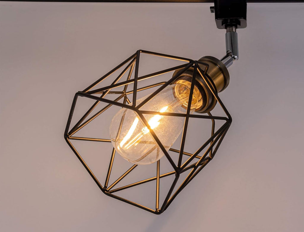 Kiven Industrial Track Head Lighting, Flexibly Rotatable Light Head with Black Metal Cage Shade,Dimmable H-Type Track Light for Kitchen Dining Room Bedroom Hallway or Bar,3-Light