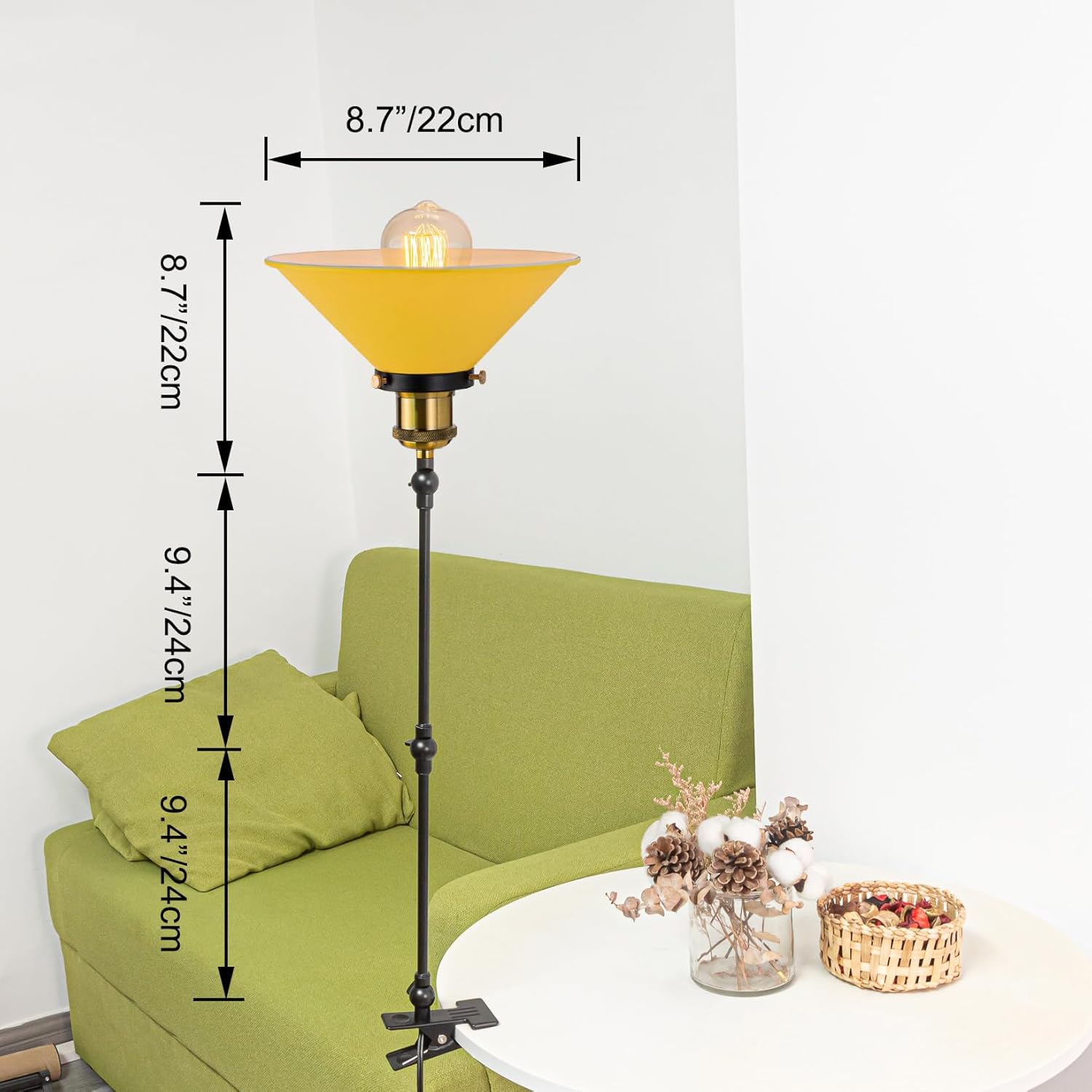 Yellow adjustable clip-on desk lamp, showcasing dimensions. Modern design for bookshelf or bedside lighting.