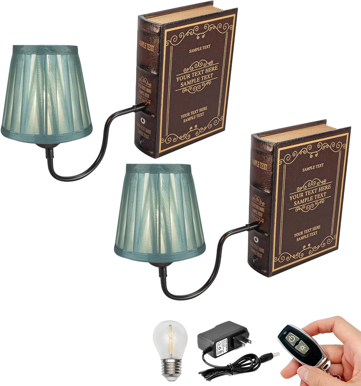 Kiven Cordless Bookshelf Lamp, Set of 2 Rechargeable Bookcase Lighting with Pink Fabric Lampshade, Farmhouse Decorative Bookend, Cordless Table Lamp for Bedside Bookshelf Home Decor