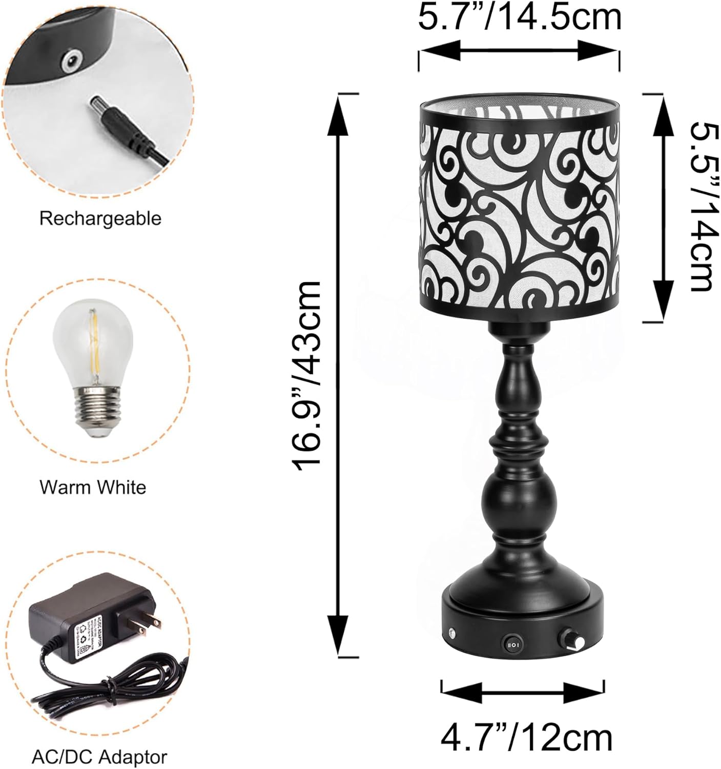 Kiven Cordless Table Lamp,Dimmable Rustic Farmhouse Bedside Desk Lamps with Metal Lampshade,2700K Warm White, Rechargeable Nightstand Lamp for Office Home Decor Bedside DZ0471