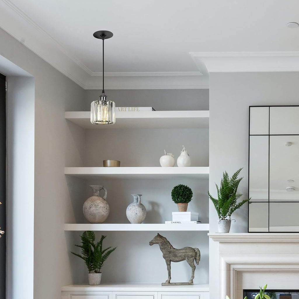 Kiven crystal pendant light with black finish, ideal for replacing recessed lighting, modern home interior.