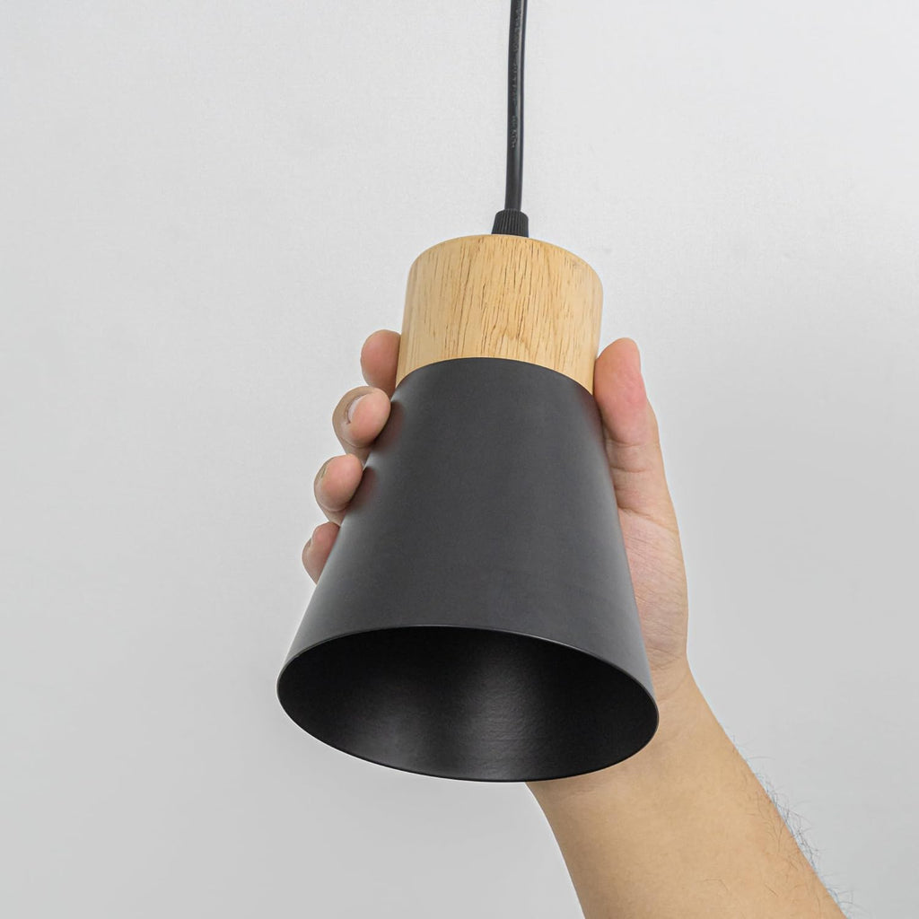 Black metal shade track light with wood base pendant, retro lighting fixture, adjustable cord.