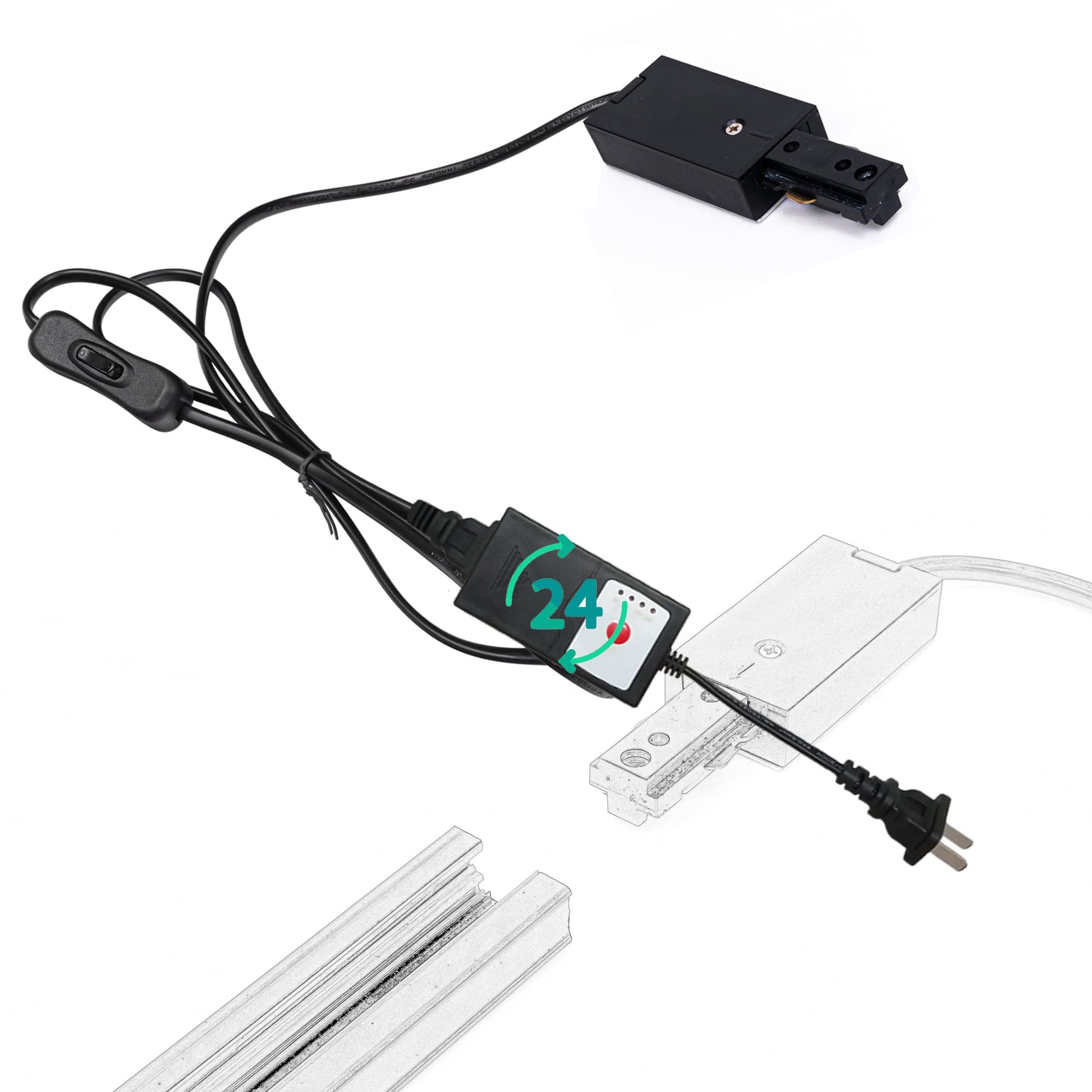 Black track lighting live end power kit with 24-hour timer, switch and plug. Halo track system.