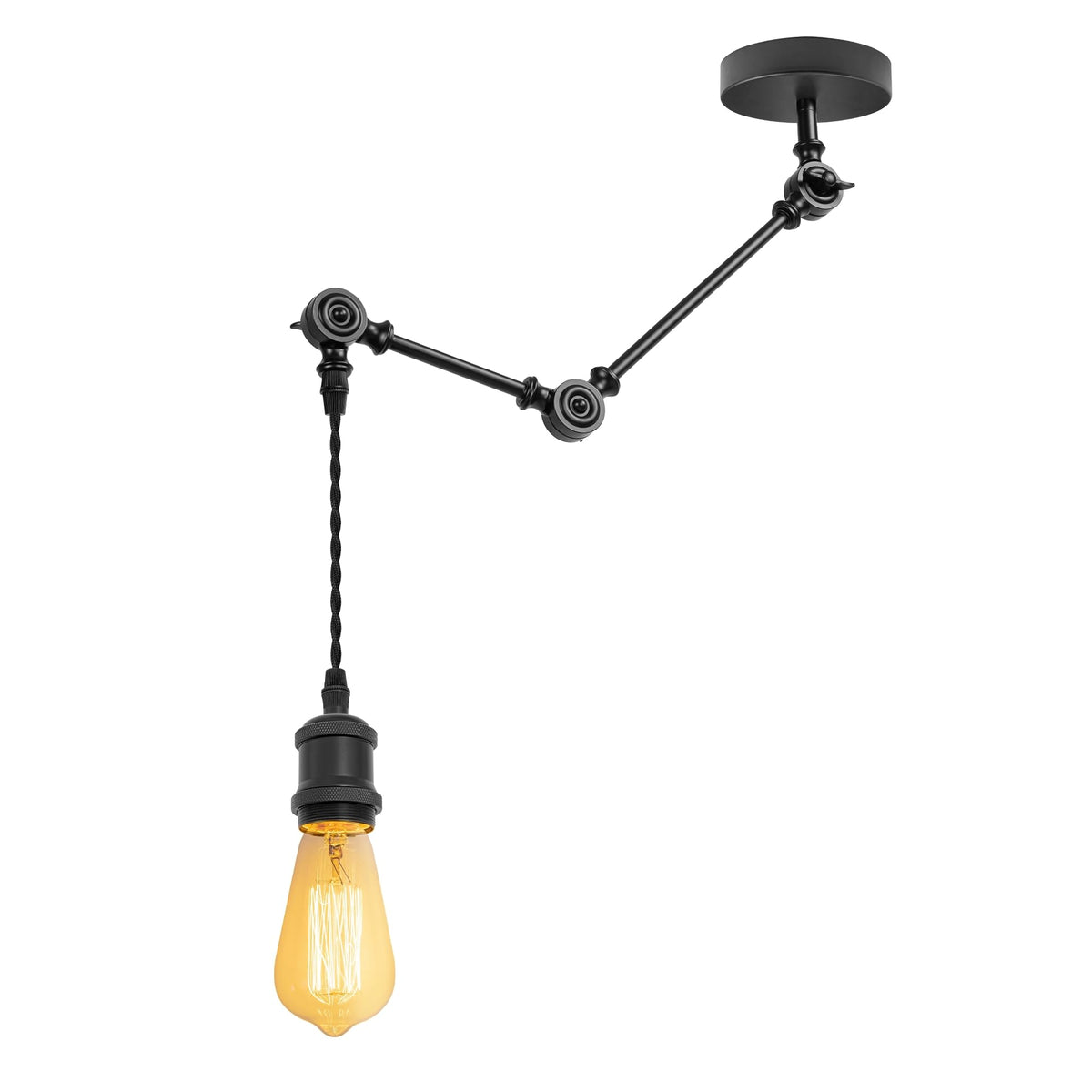 Multi-Jointed Matte Black Industrial Pendant Light with Twisted Fabric Cord and ST64 Edison Bulb (Isolated View)