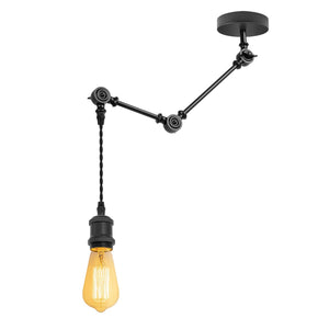 Multi-Jointed Matte Black Industrial Pendant Light with Twisted Fabric Cord and ST64 Edison Bulb (Isolated View)