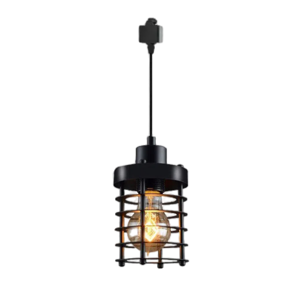 Black iron cage track light pendant with Edison bulb. Vintage industrial lighting.
