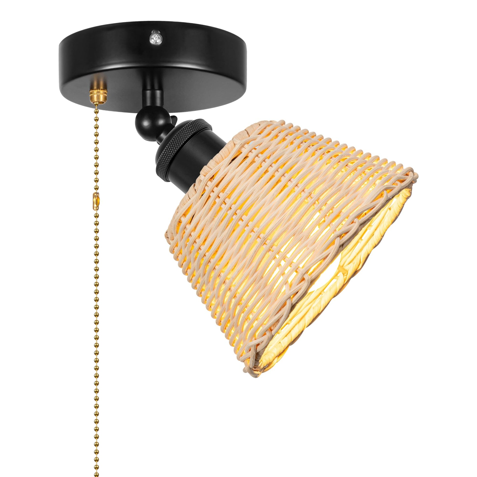 Adjustable Light, Zipper Switch 12V RV Industrial Woven Natural Boho Rattan Cover, E26 Socket Semi Flush Mount Interior Lighting Decorative for Boat Camper Hallway