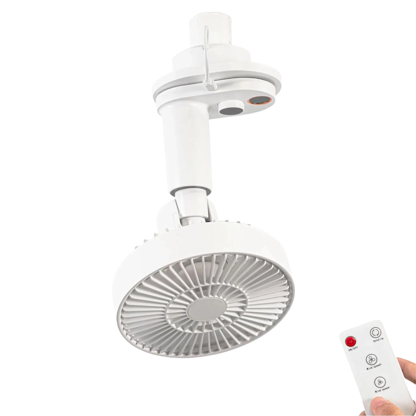 White H-type track fan with remote, suitable for warehouse ventilation. Features oscillating function and adjustable airflow.