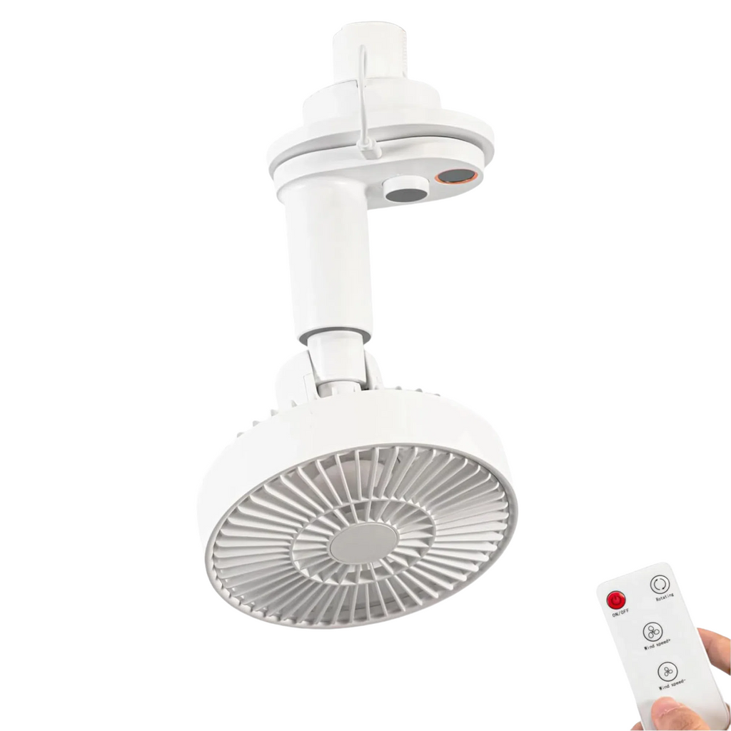 White H-type track fan with remote, suitable for warehouse ventilation. Features oscillating function and adjustable airflow.