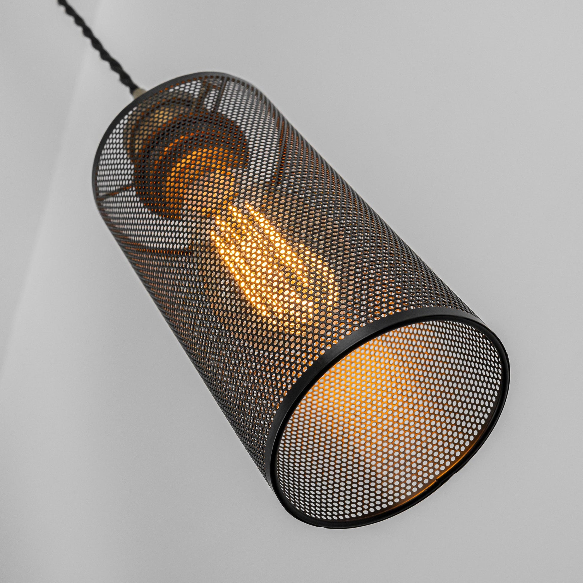Black retro pendant light with perforated metal shade, ideal for kitchen or dining room. E26 base, industrial design.