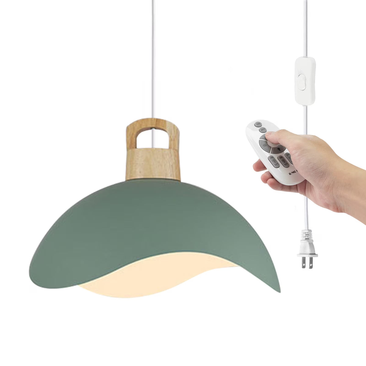 Kiven Modern Plug-in Pendant Light with Wavy Shade & Wood Top, Dimmable Hanging Cord Light