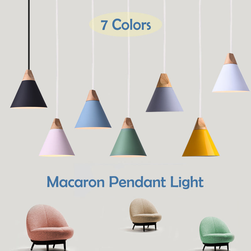 7 color Macaron pendant lights with wooden accents. Dimmable, rechargeable LED lighting for home and business spaces.