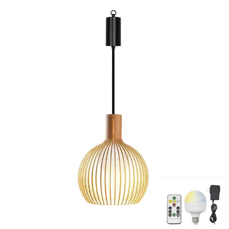 Rechargeable Battery Adjustable Cord Pendant Light Wood Shade Smart LED Bulbs with Remote Minimalist Design