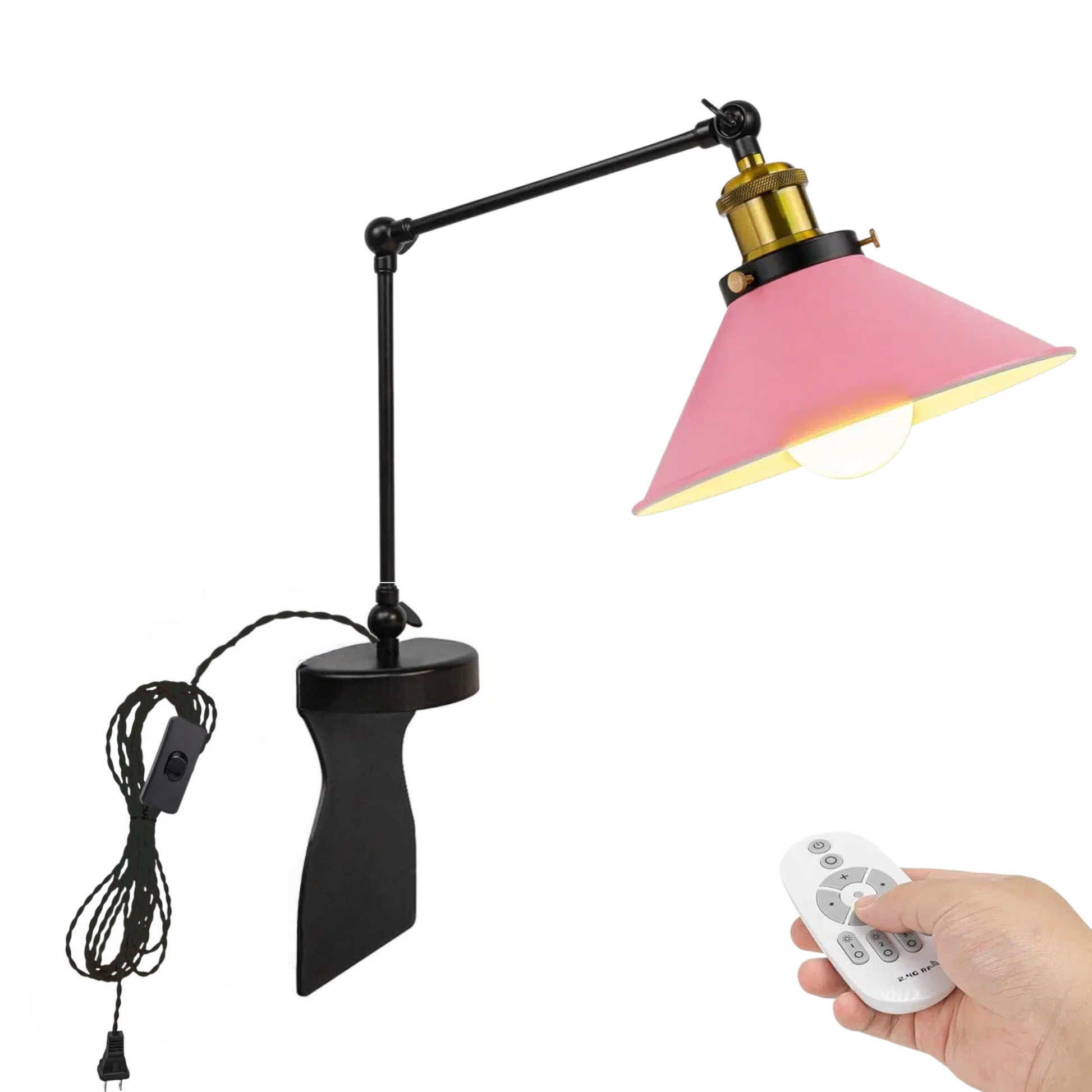 Kiven headboard reading light, pink lampshade, adjustable swing arm, dimmable LED, bedside lamp with remote control