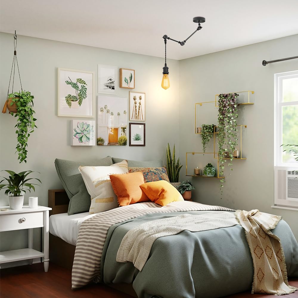 Vintage Industrial Bedroom Lighting: Articulating Swing Arm Pendant Light Centered Over a Bohemian Style Bed