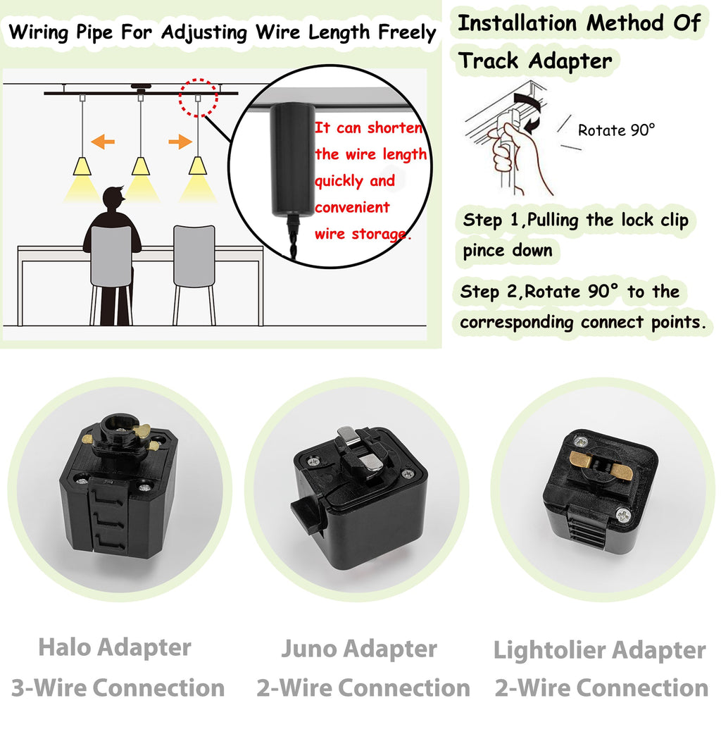 Retractable track lighting wire adjustment and adapter installation guide. Features Halo, Juno, and Lightolier adapter types.
