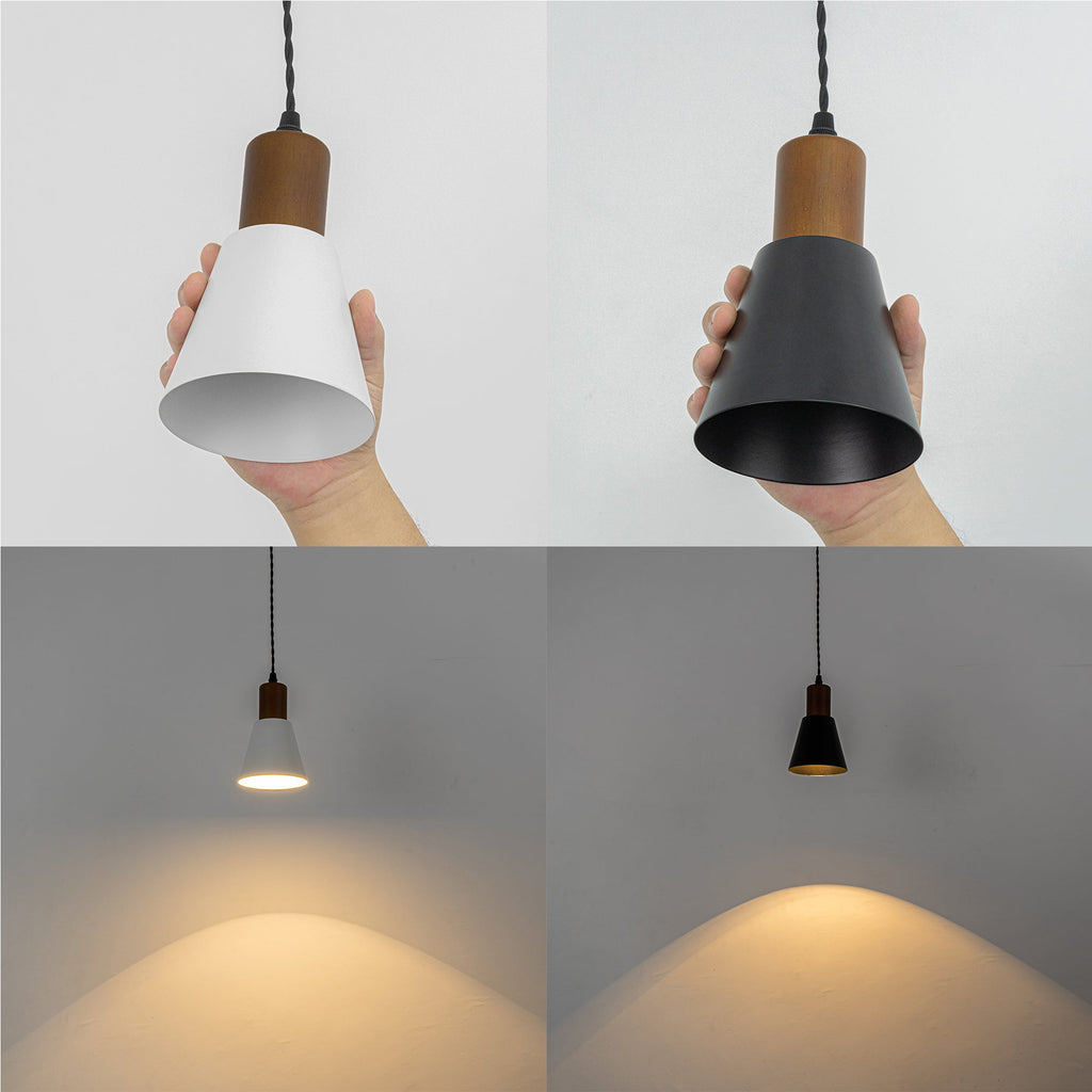 Kiven plug-in pendant light, black and white metal shades with walnut base, showcasing retro lamp design and lighting effects.